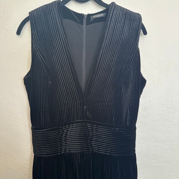 Balmain Black Pleated Velvet Sleeveless Jumpsuit size FR 38 Plunging V Wide-leg - Picture 5 of 16